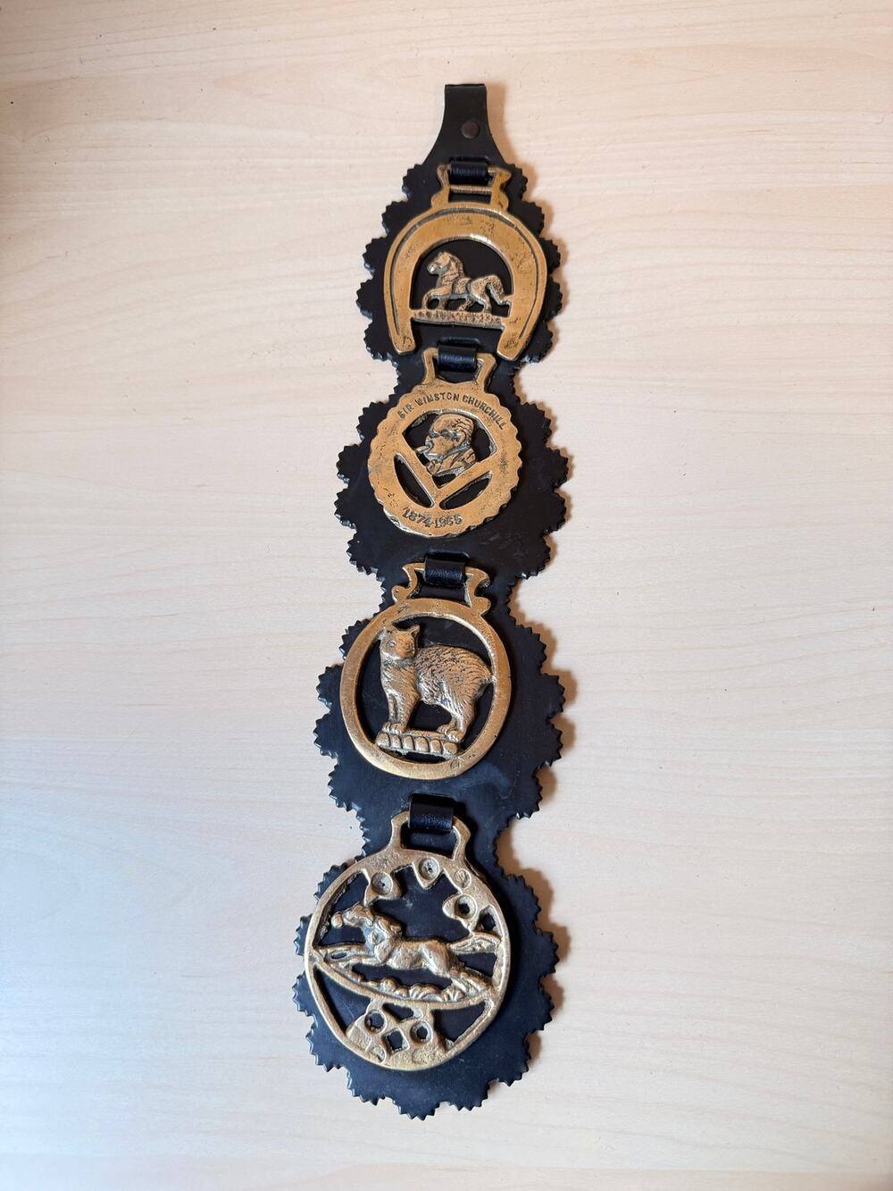 Vtg English Horse Brass 4 Medallions on Strap Equestrian Winston Churchill